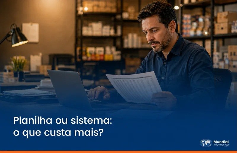 Empresário comparando o uso de planilhas com um sistema de gestão para controlar vendas, estoque e financeiro.