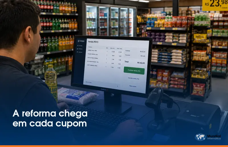 Sistema de gestão acompanhando vendas e emissão fiscal no caixa de um supermercado durante a reforma tributária