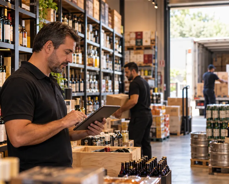 Profissional conferindo o estoque de bebidas com tablet em uma distribuidora