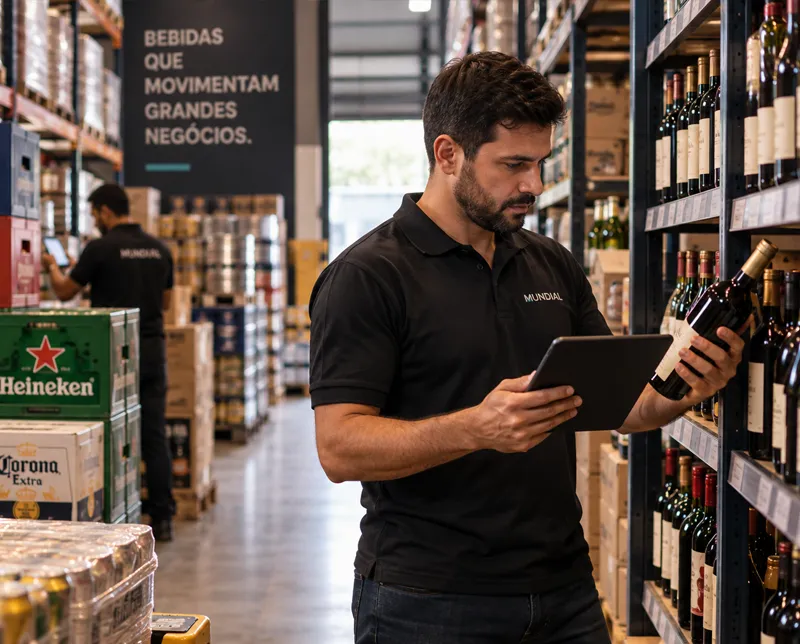 Gestor acompanhando a operação e o estoque de uma distribuidora de bebidas