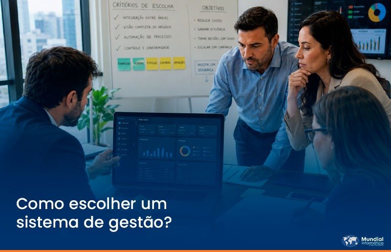 Imagem representando escolha de um sistema de gestão empresarial, com foco em controle, integração e eficiência para empresas antes de investir em uma nova solução.